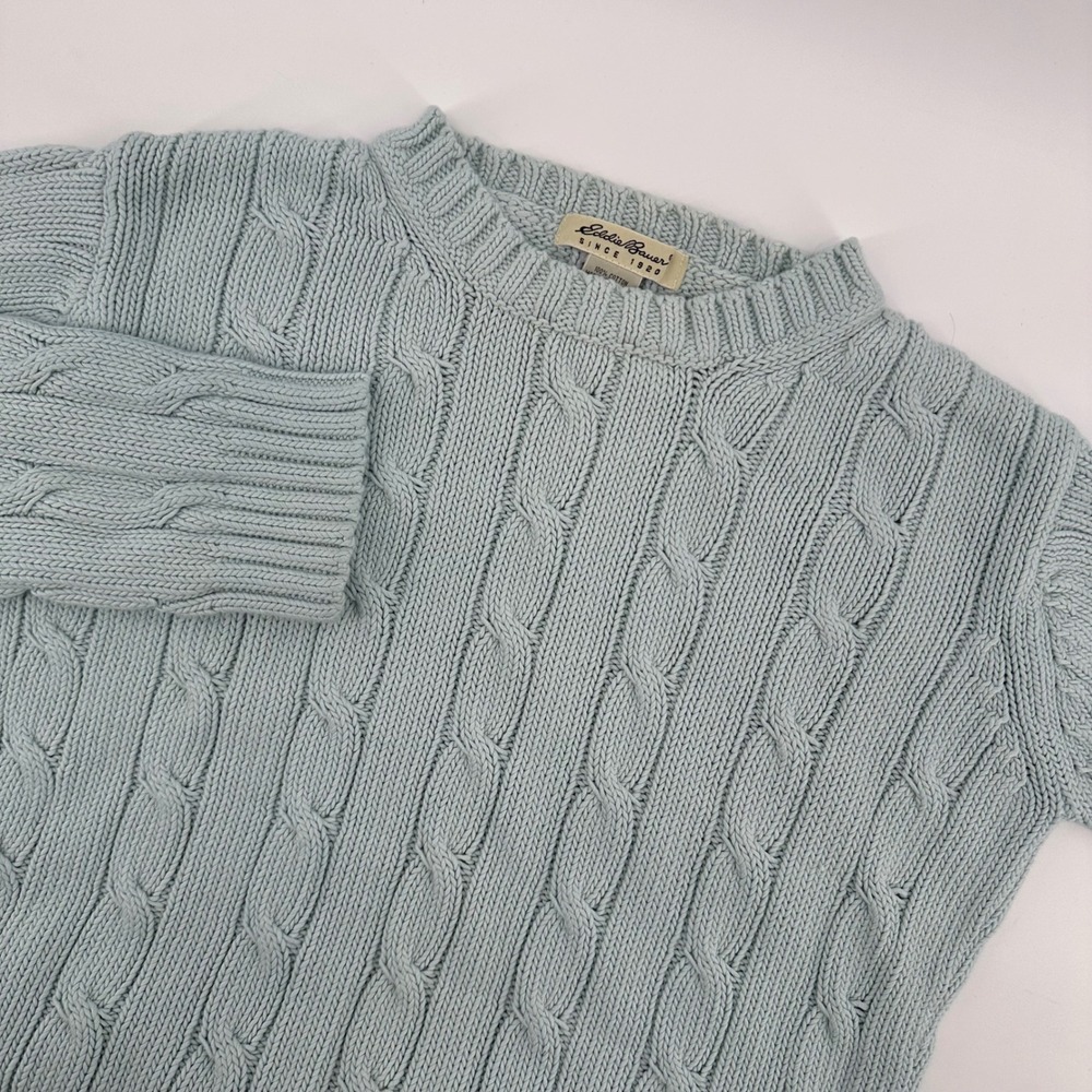 Eddie Bauer Womens Small Sweater Small Cable Knit Crew Neck Light‎ Blue Cotton